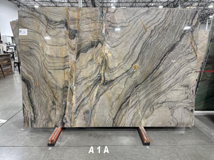 Natural stone slab with flowing veining in showroom