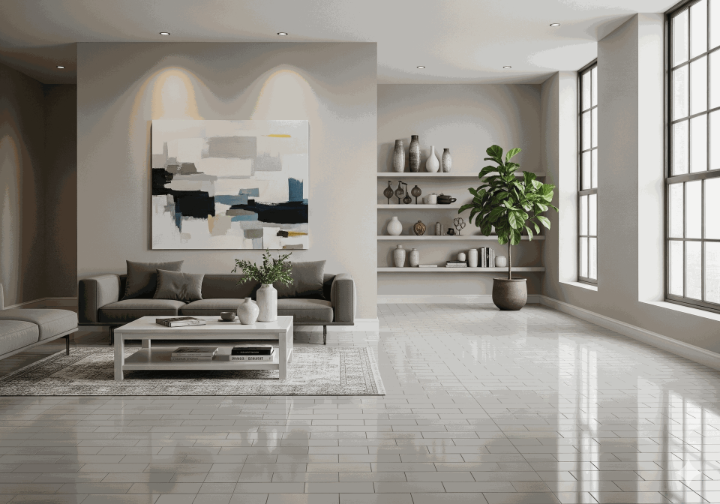 A realistic and modern room featuring a reflective, glossy subway tile floor.