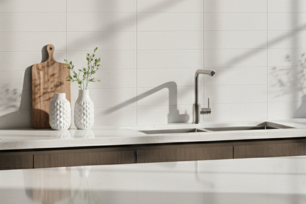 Modern kitchen with light matte subway tiles.