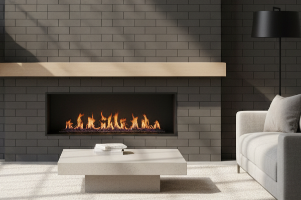 Modern living space with dark matte subway tiles.