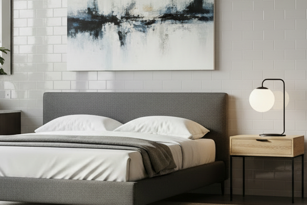 Modern bedroom with dark matte subway tiles.