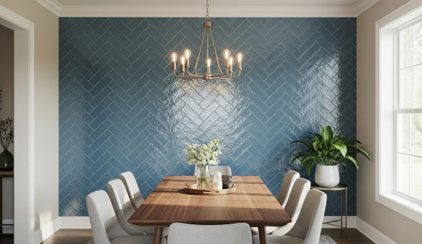 A dining room with a blue subway tile accent wall in a herringbone pattern.