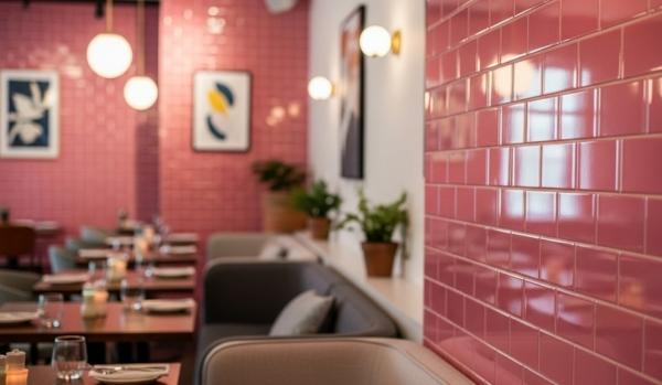 pink subway tile in restaurant