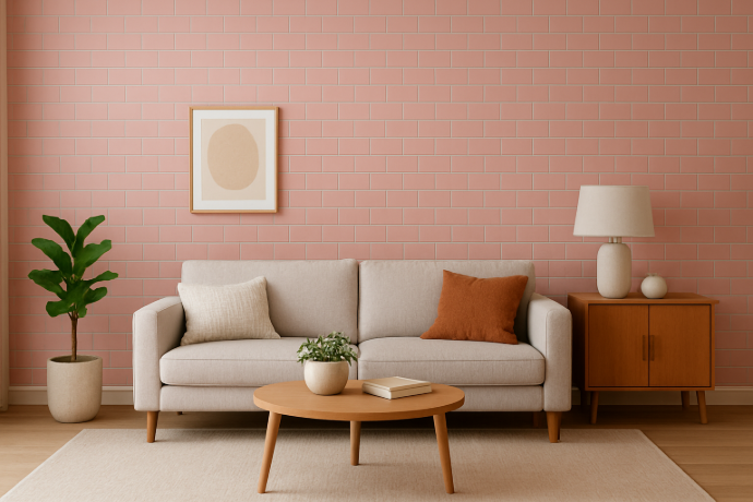pink subway tile in living room