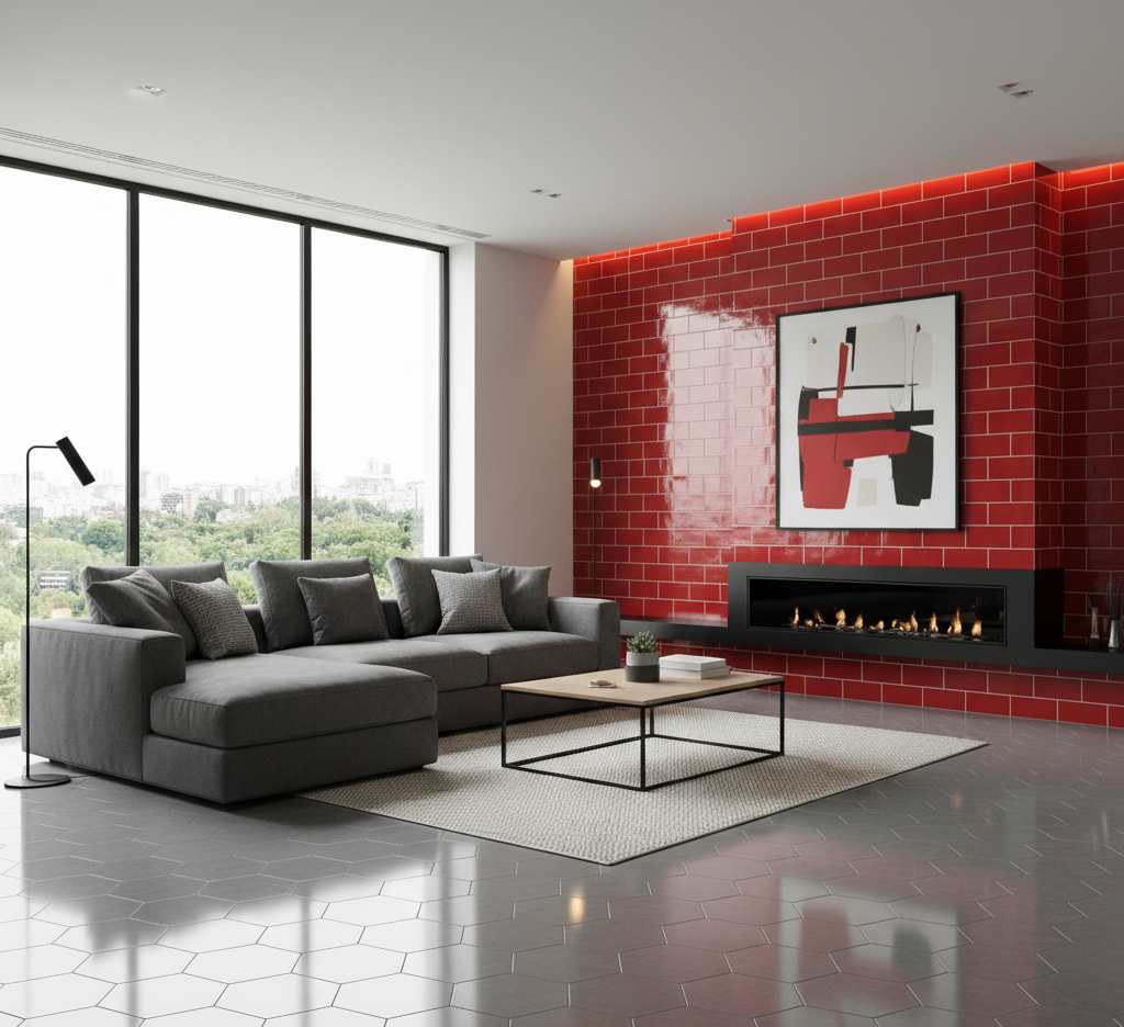 red subway tile in living room