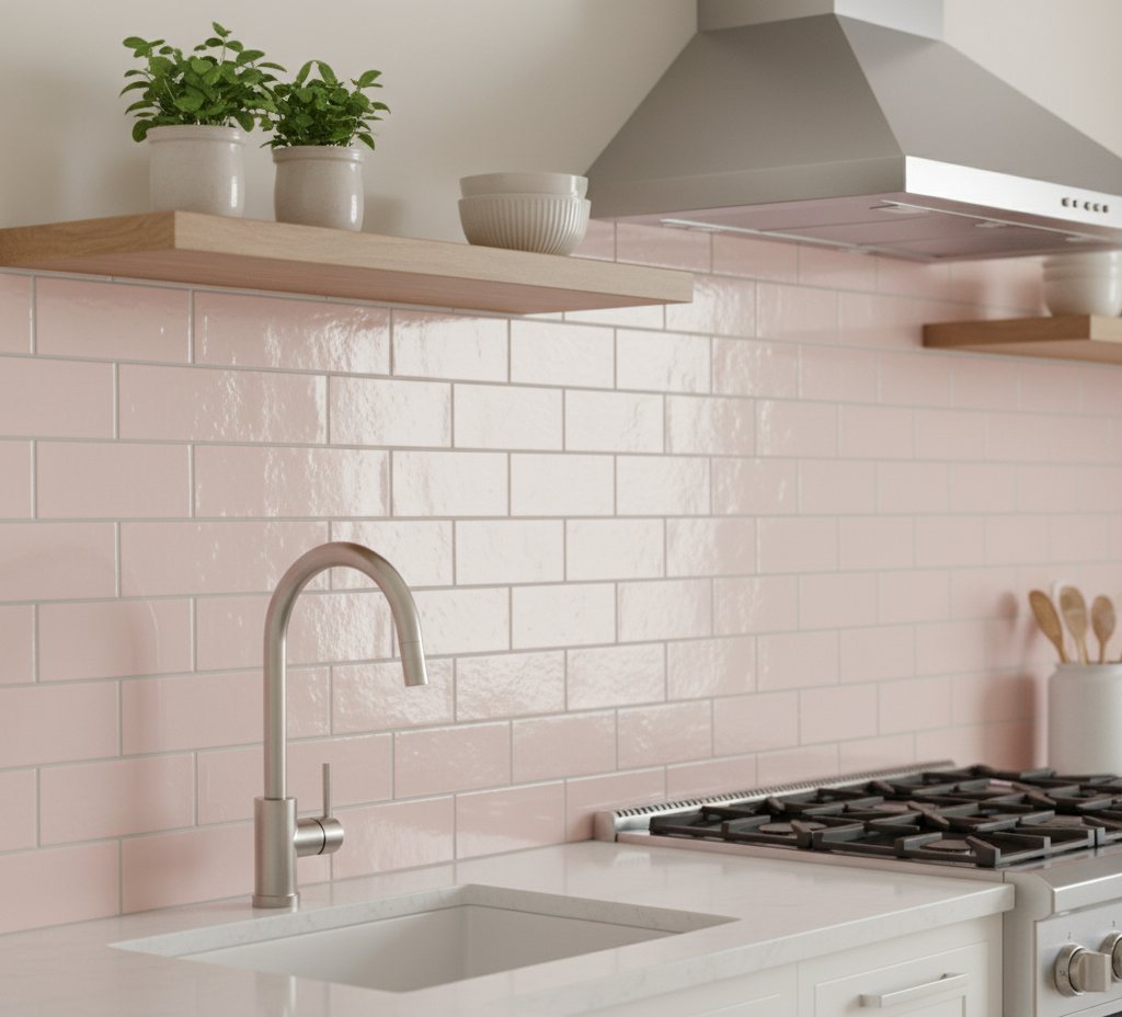 pink subway tile in kitchen