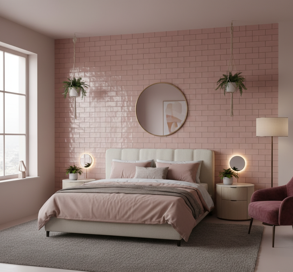 pink subway tile in bedroom