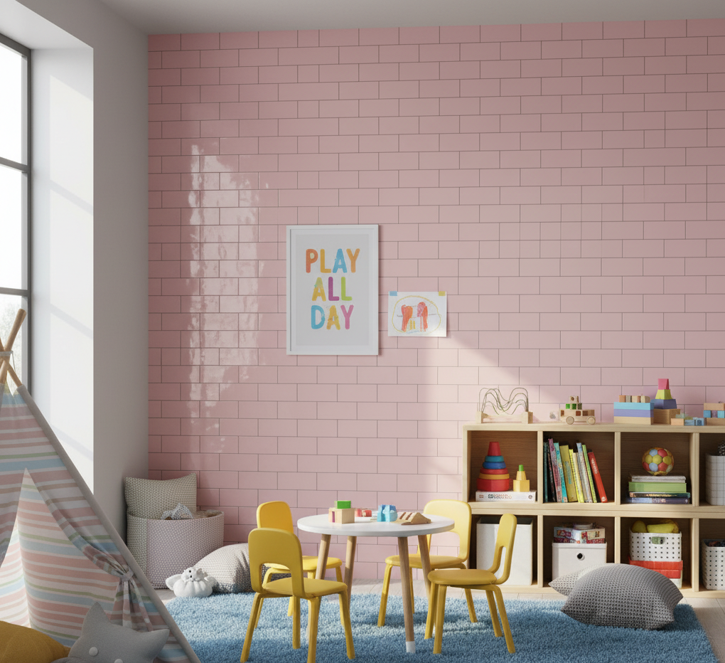 pink subway tile in playroom