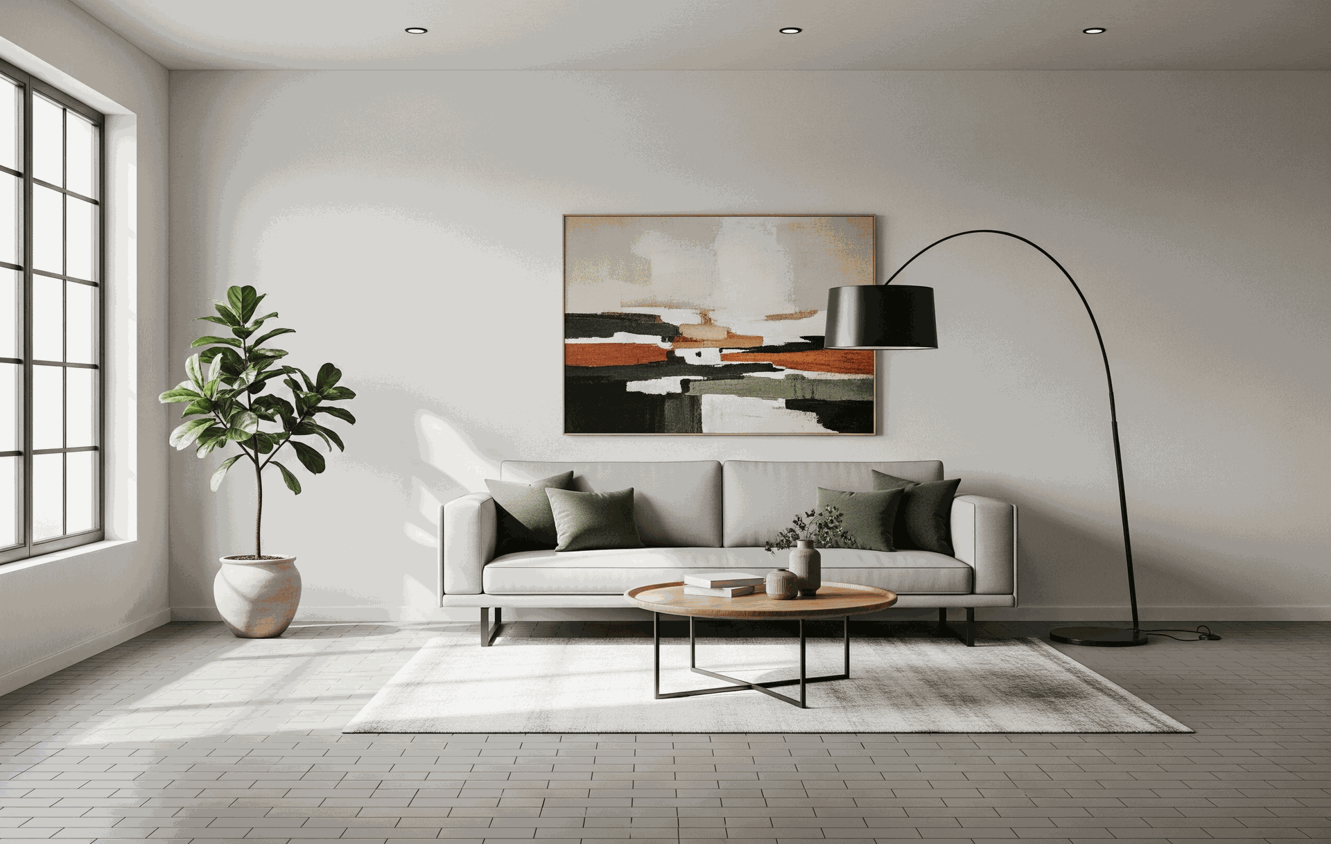 A realistic and modern room featuring a matte subway tile floor.