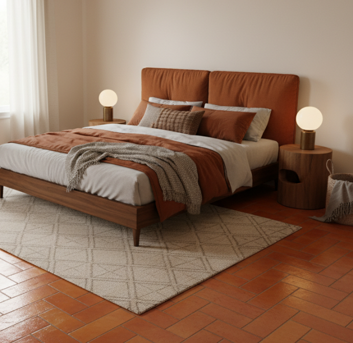rustic-modern-bedroom-with-an-orange-tile-floor