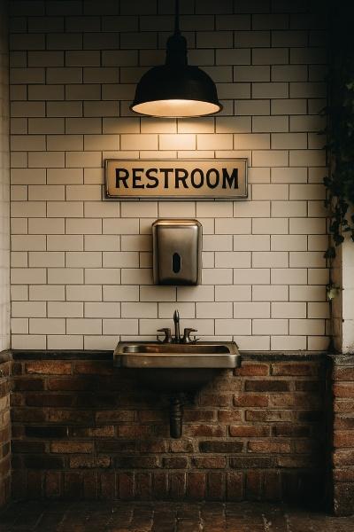 A restroom featuring a white subway tile wall and an exposed brick base.