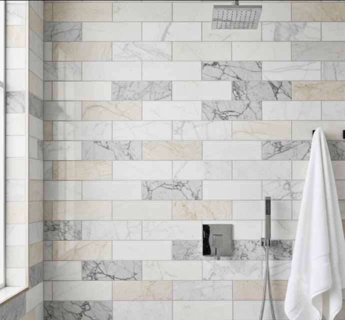 white marble subway tiles in a bathroom setting