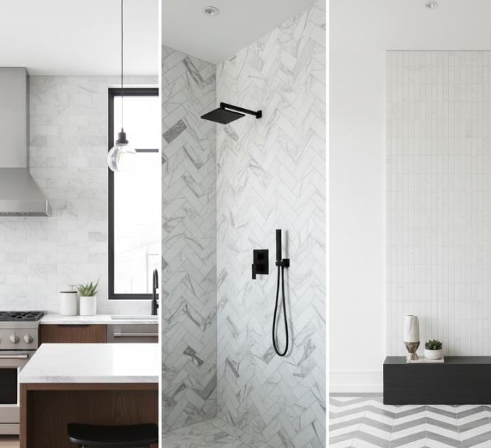 Different installation patterns for marble subway tile: a kitchen backsplash in a classic brick pattern, a shower wall in a herringbone pattern, and a bathroom wall with a vertical stack pattern.