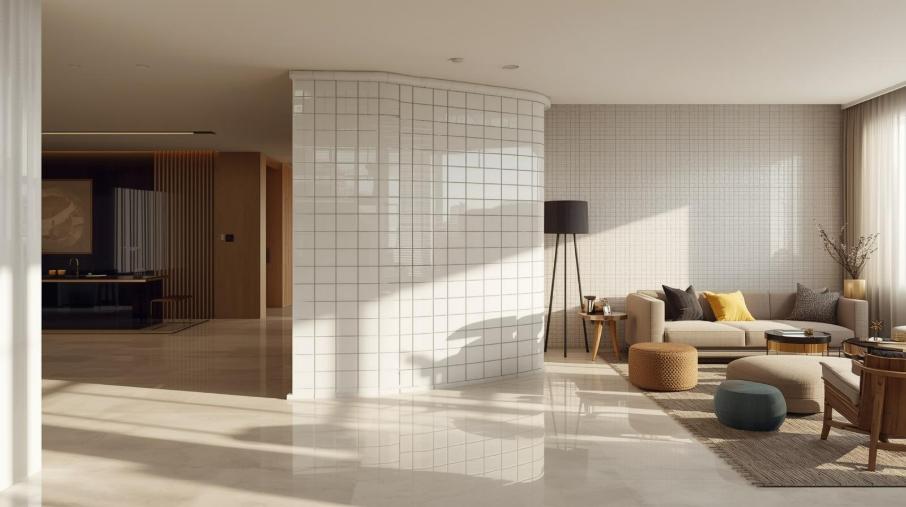glossy subway tiles in a living room