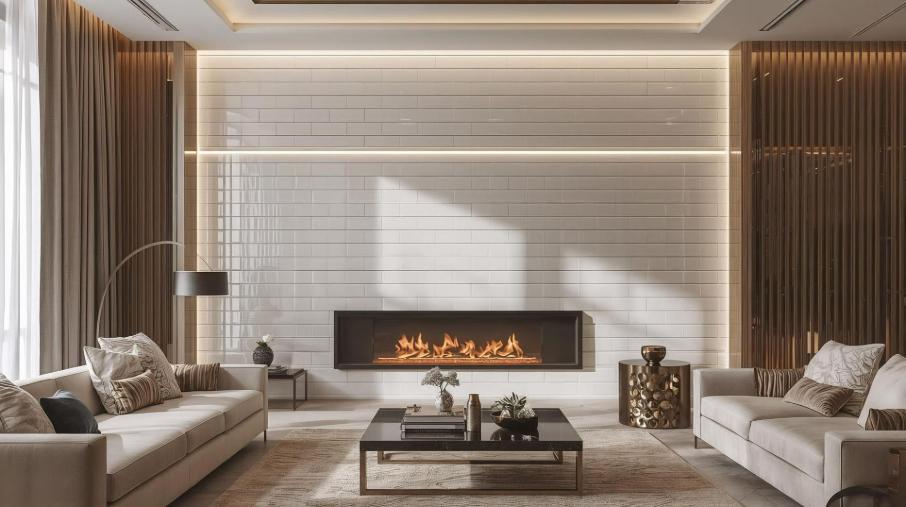 living room with fire and sofas on background of glossy subway tiles