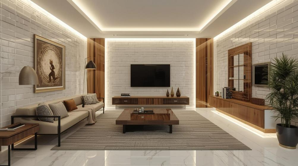 modern living room with glossy subway tiles