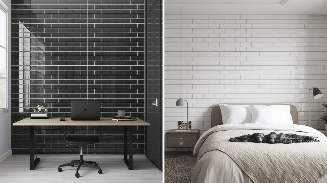 office room and bedroom interior with the background of glossy subway tiles