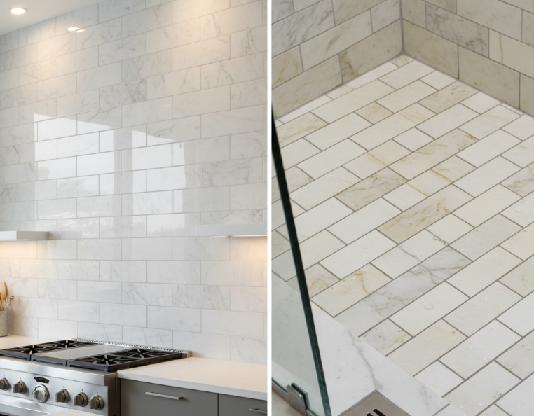 two types of marble subway tiles