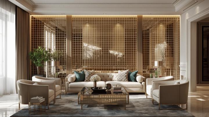 A luxury living room with a cream sofa and armchairs centered in front of a backlit, mirrored feature wall with a golden subway tile grid.