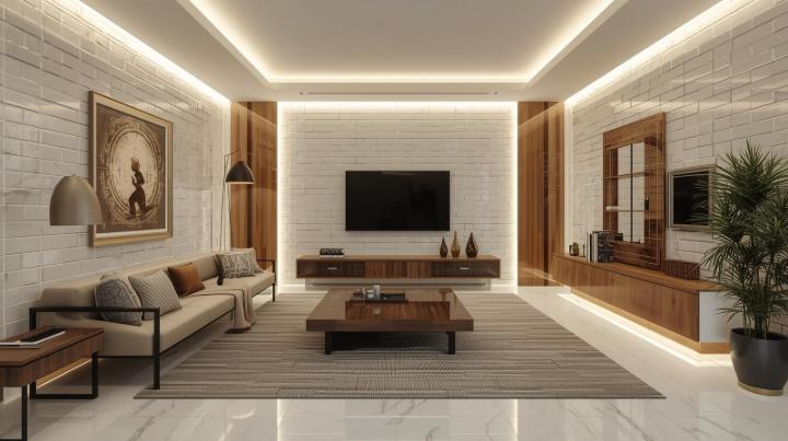 A contemporary living room featuring white brick-style walls, warm wood paneling, and a beige sofa