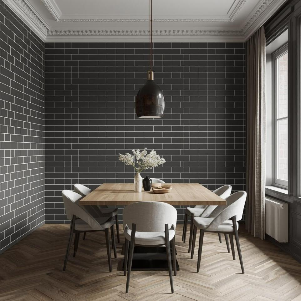 2x6 subway tiles dark grey dining area