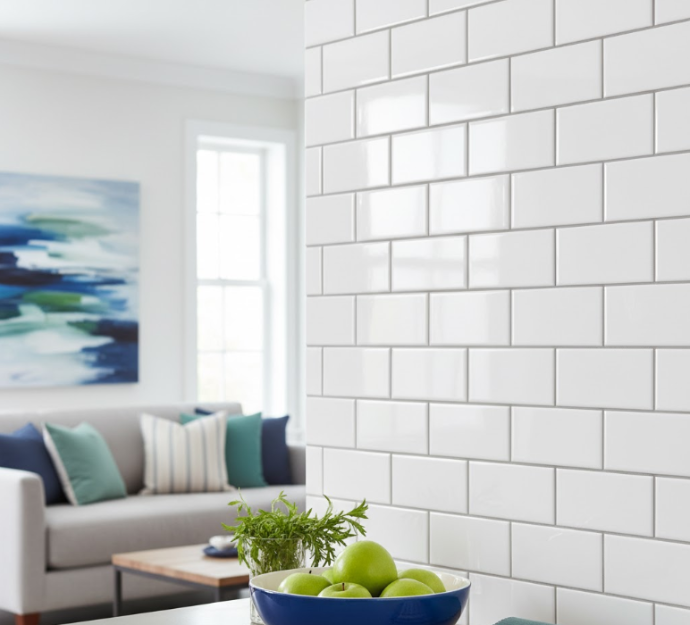 3x6 glossy white subway tiles on a wall