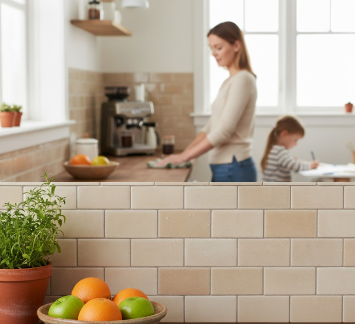 3x6 beige subway tile backsplash in modern kitchen