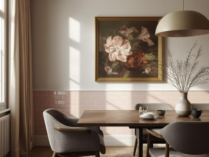 A dining room featuring 3x6 pink subway tiles installed