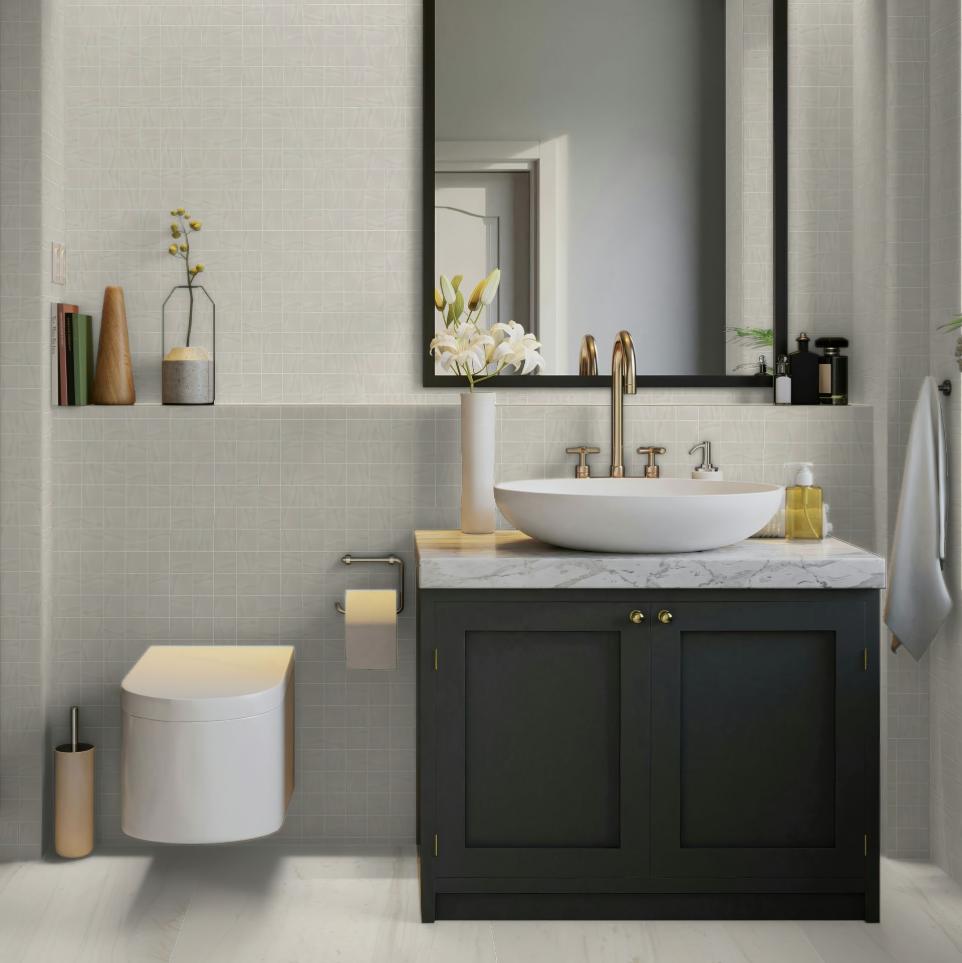 Alaska 2x2 white marble look porcelain mosaic tile on modern bathroom walls