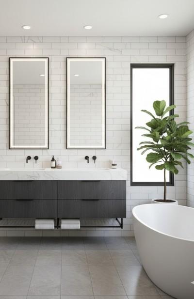 A bright, modern bathroom with white subway tiles featuring subtle grey veining, mimicking quartz