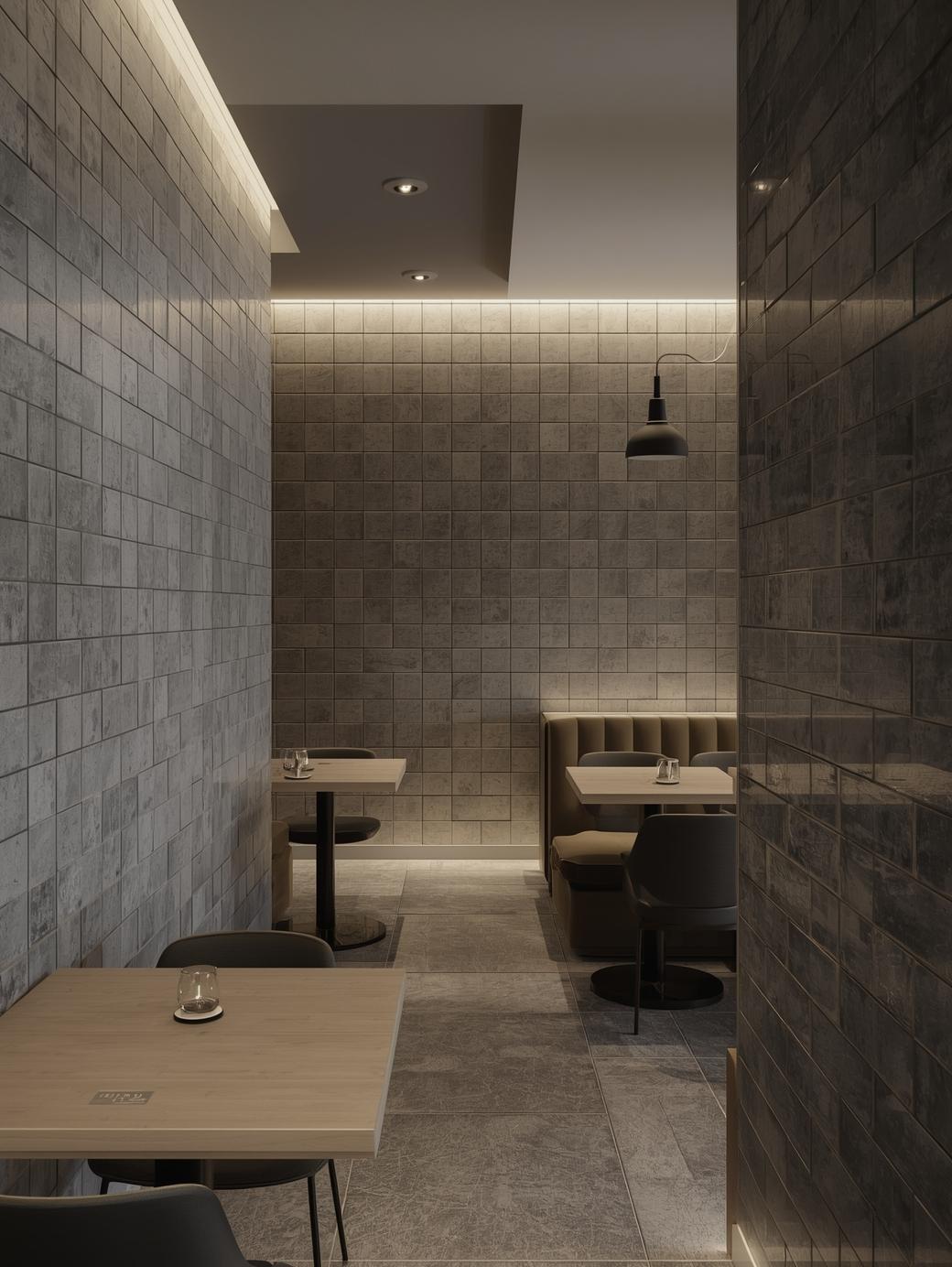 cement look subway tiles in dining area