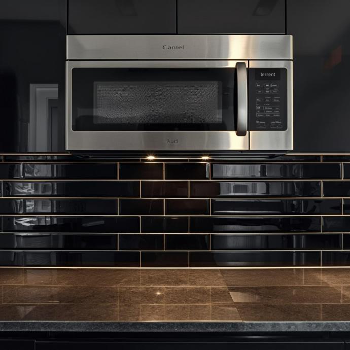 2x6 Black Subway Tiles in kitchen with microwave oven