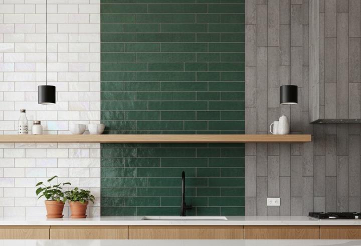 Vertical and horizontal stack multi-color subway tiles in contemporary kitchen