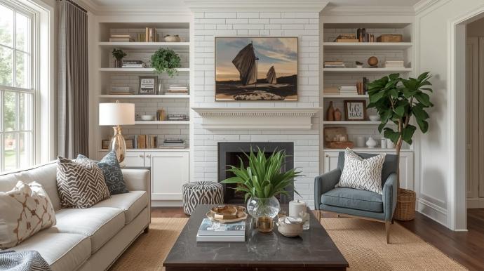 3x9 subway tile installed around a fireplace in a living room