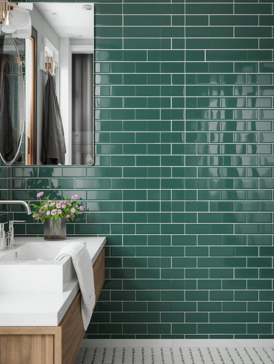 Bathroom wall featuring glossy, dark 2x6 green subway tiles stacked horizontally