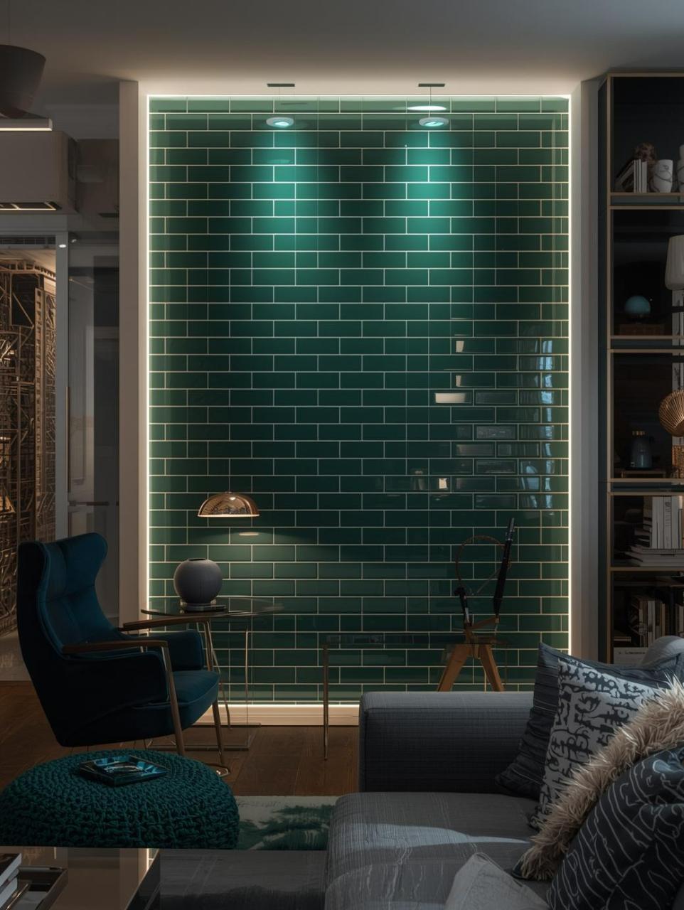 A dramatically lit feature wall in a dark room, covered in glossy, dark 2x6 green subway tiles