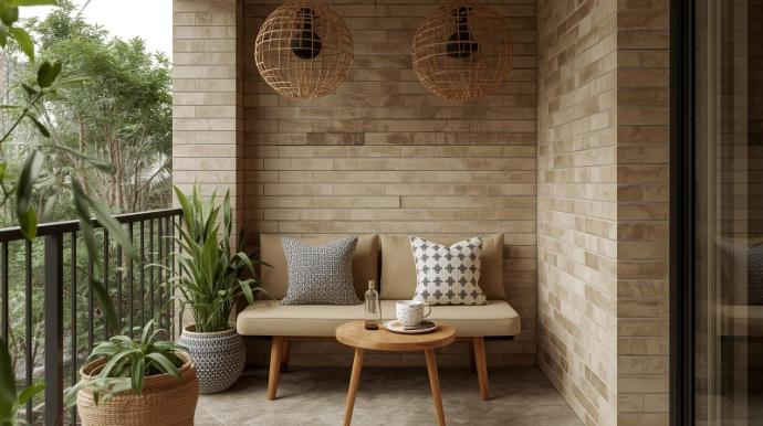 A well-appointed balcony with light tan brick walls and a concrete floor.