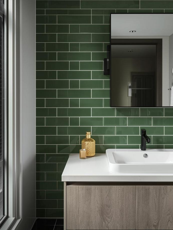 A modern bathroom vanity with a white sink and black faucet, set against a wall tiled in glossy, dark green subway tiles