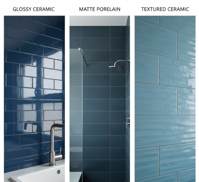 3x12 blue subway tiles in glossy, matte, and textured finishes