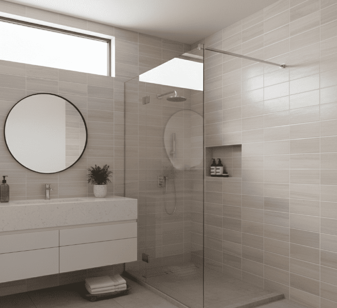 Modern bathroom installation of Torrent 2x4 stacked travertine look subway tiles