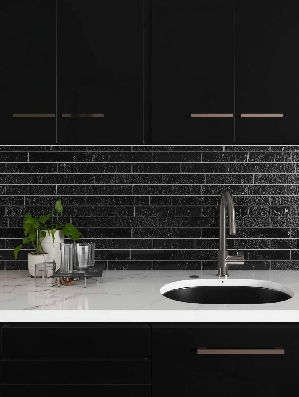 4x8 black subway tiles in kitchen backsplash