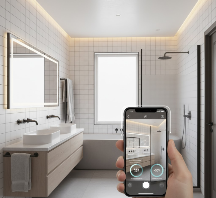 realistic shot of a modern bathroom with classic white subway tiles