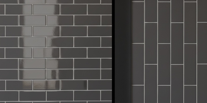 Dark gray running bond and vertical stack subway tile combination