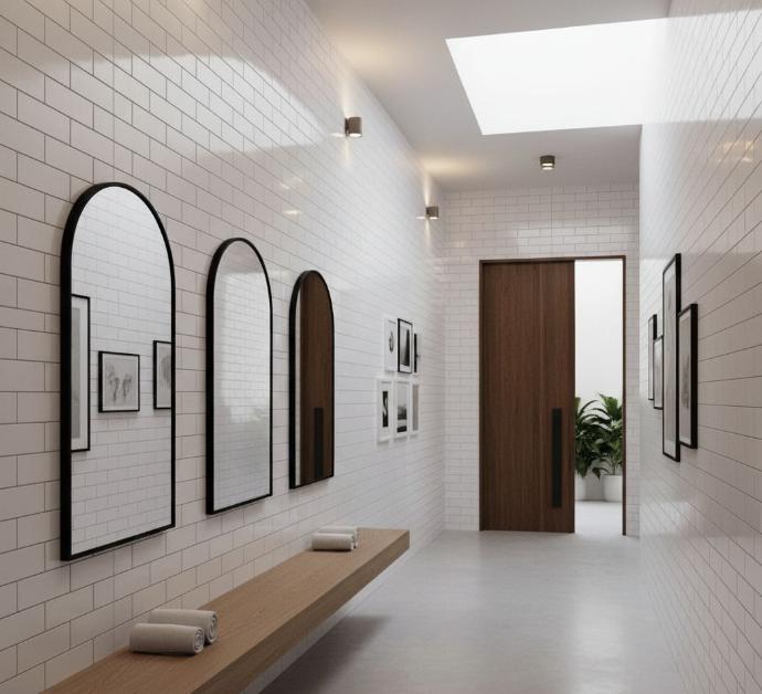 4x12 white subway tiles installed in modern room.