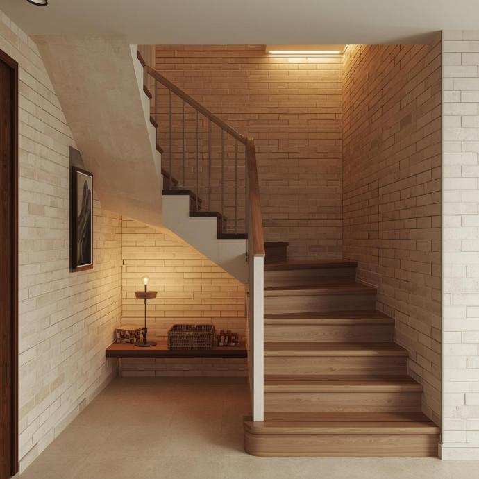 4x8 beige subway tiles near stairs