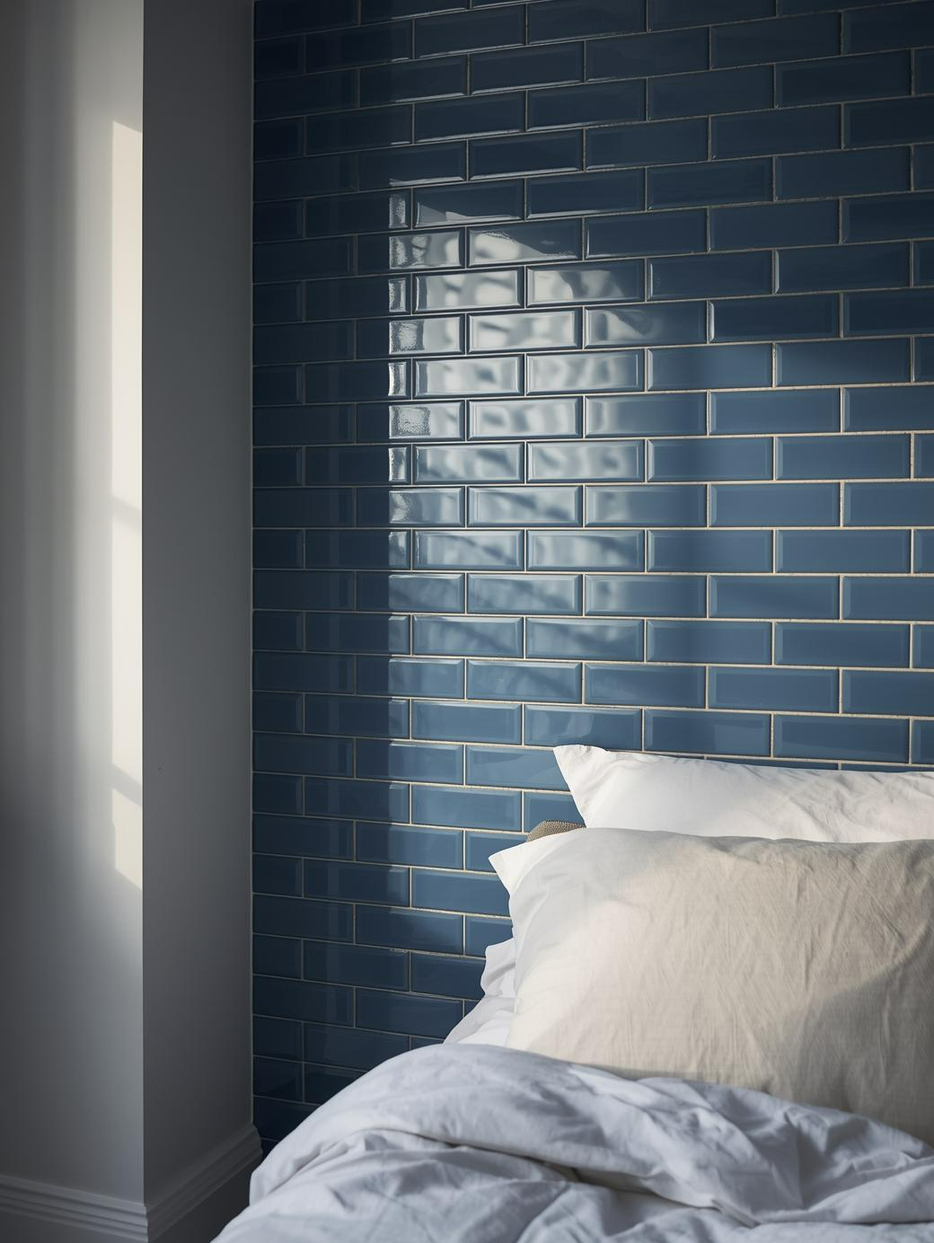 4x12 blue subway tiles in bedroom
