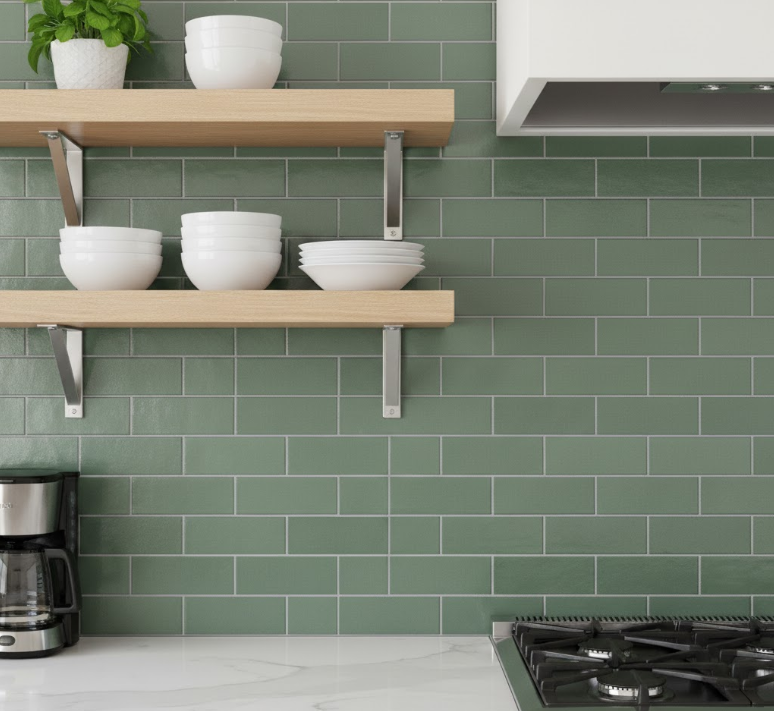 Kitchen backsplash with matte, sage-colored 2x6 green subway tiles