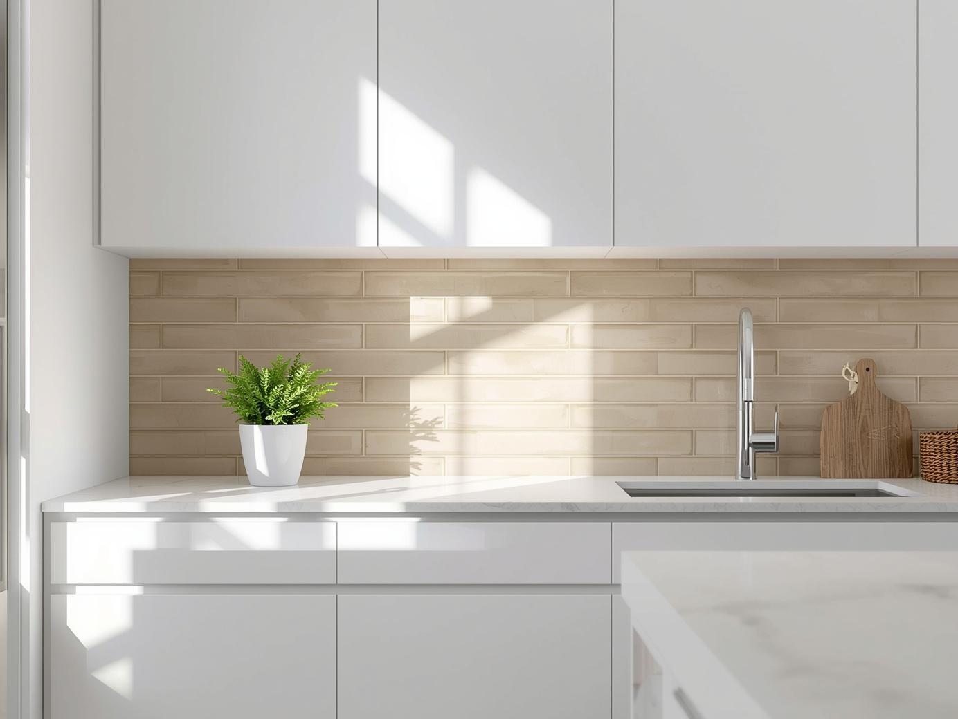 4x16 beige subway tiles in kitchen