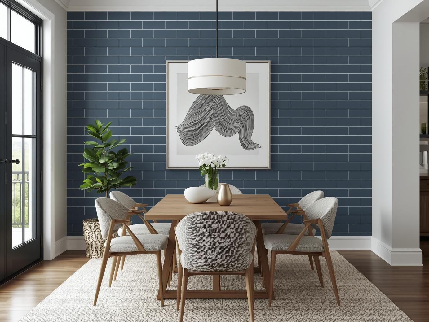 interior design of dining area with matte 4x16 blue subway tiles