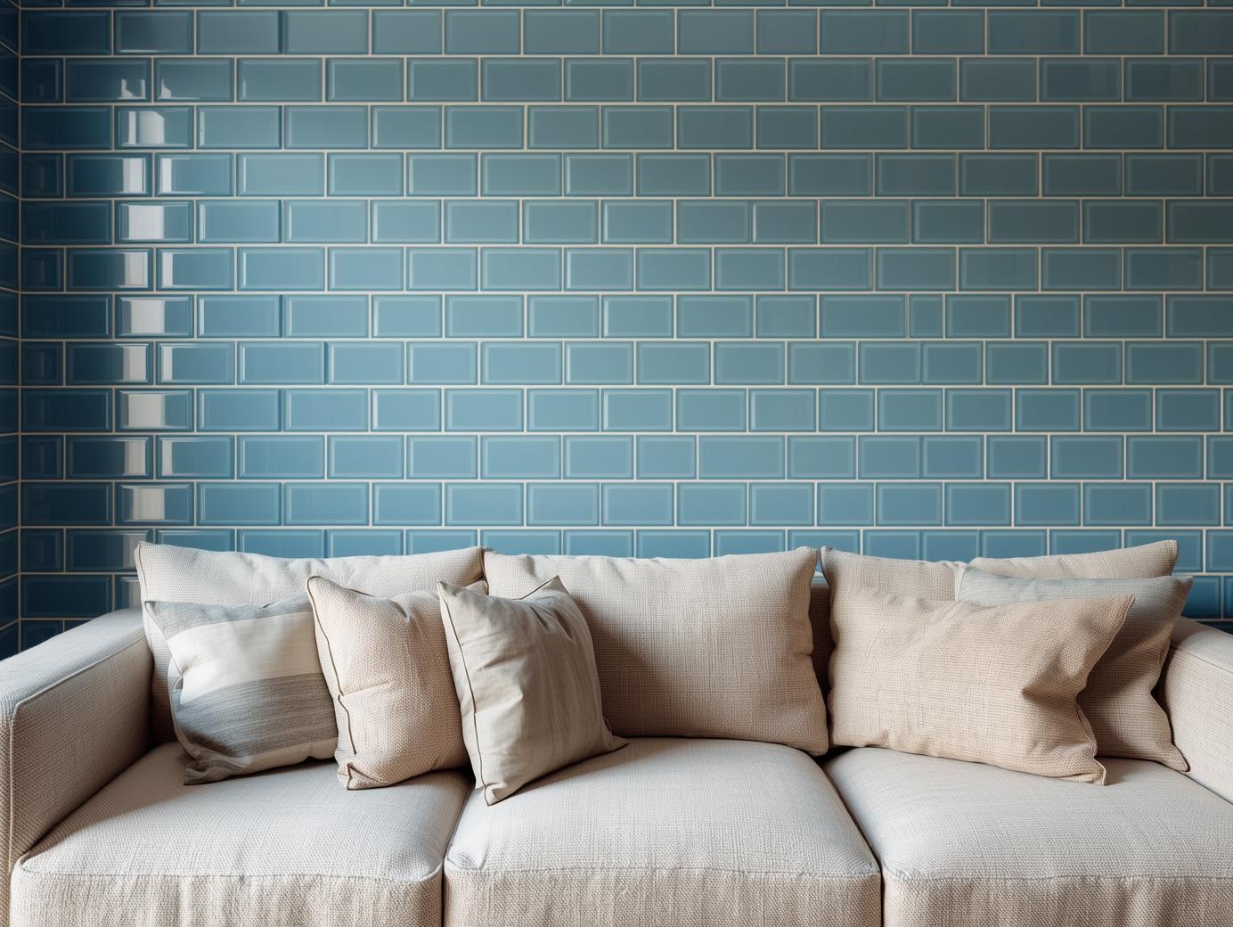 4x16 blue subway tiles with sofa